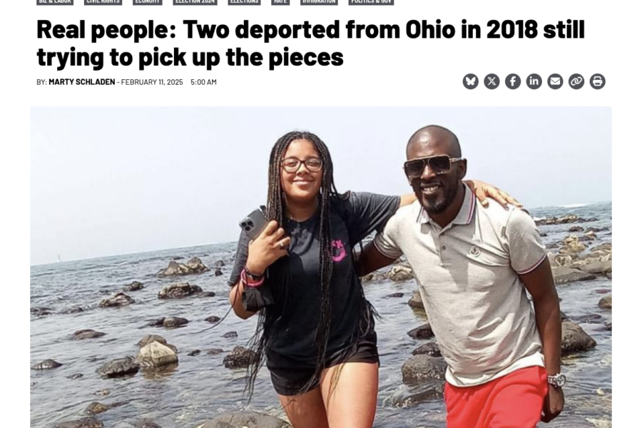 The Ohio Capital Journal masthead appears in red and blue, followed by the headline of the article and a photo of a teenage girl in a black shorts outfit and Black man wearing a gray shirt and red pants, standing on rocks in water.